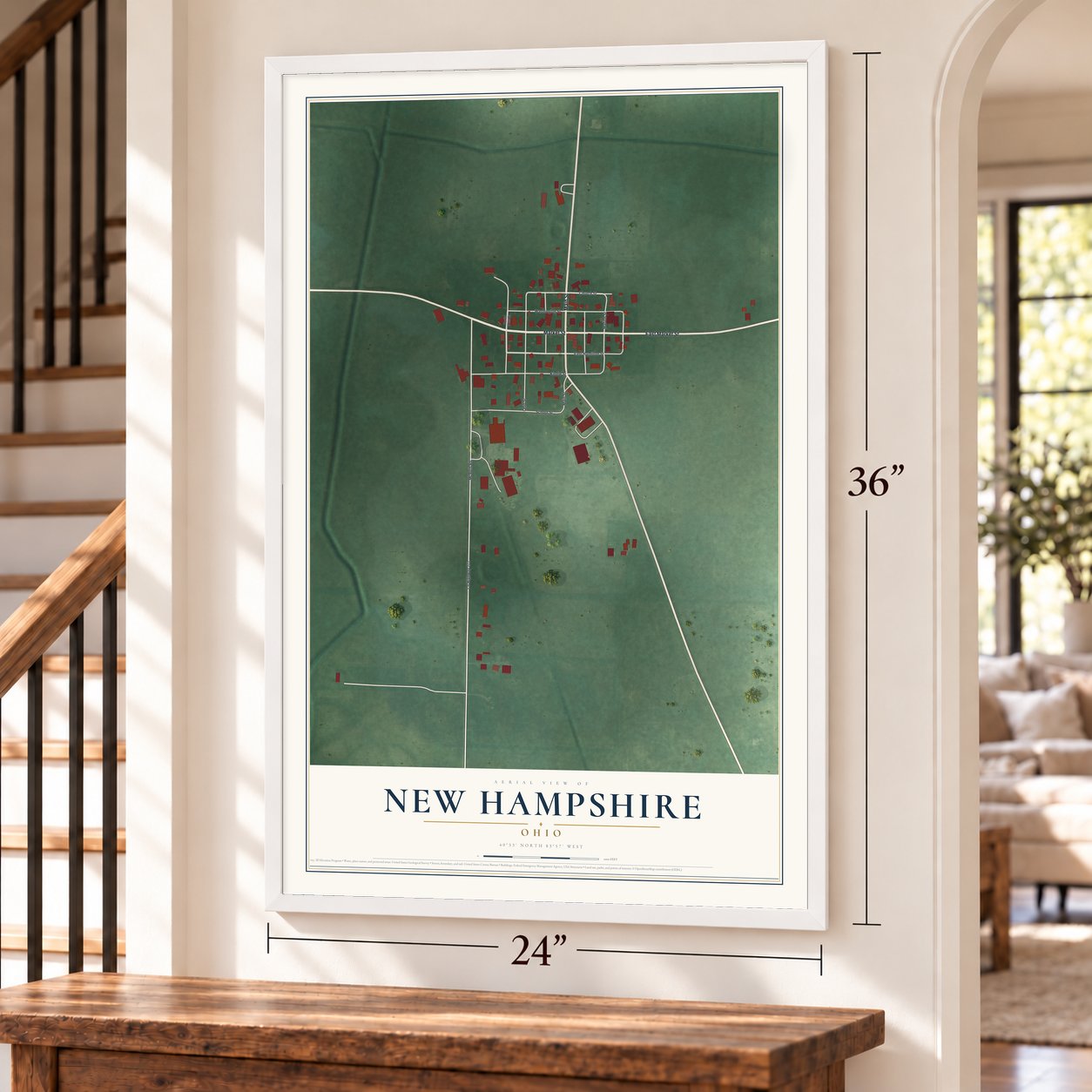 New Hampshire, Ohio map, 24 x 36 inch print in a white frame by a staircase