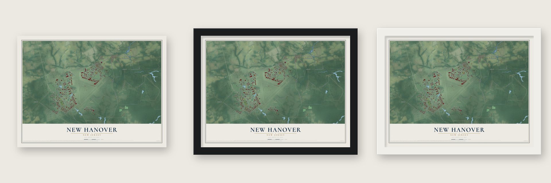 New Hanover, New Jersey map unframed, in a black wood frame and in a white wood frame