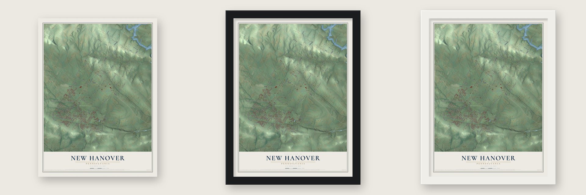 New Hanover, Pennsylvania map unframed, in a black wood frame and in a white wood frame