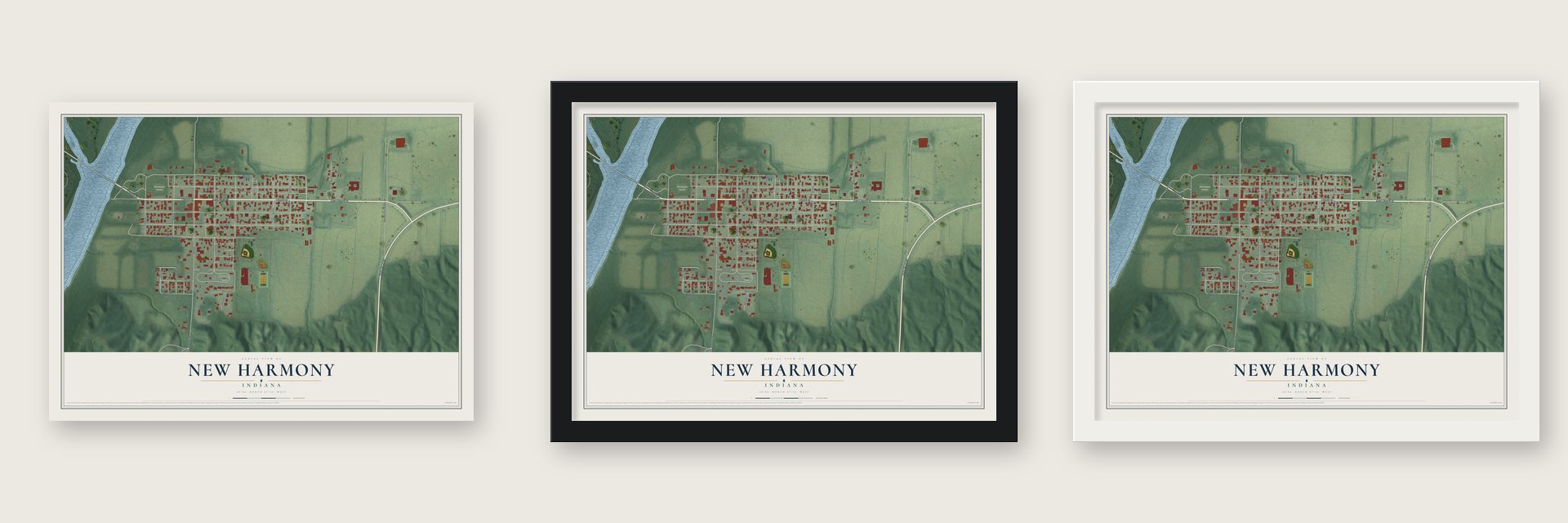New Harmony, Indiana map unframed, in a black wood frame and in a white wood frame