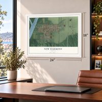 New Harmony, Indiana map, 18 x 24 inch print in a white frame in a home office