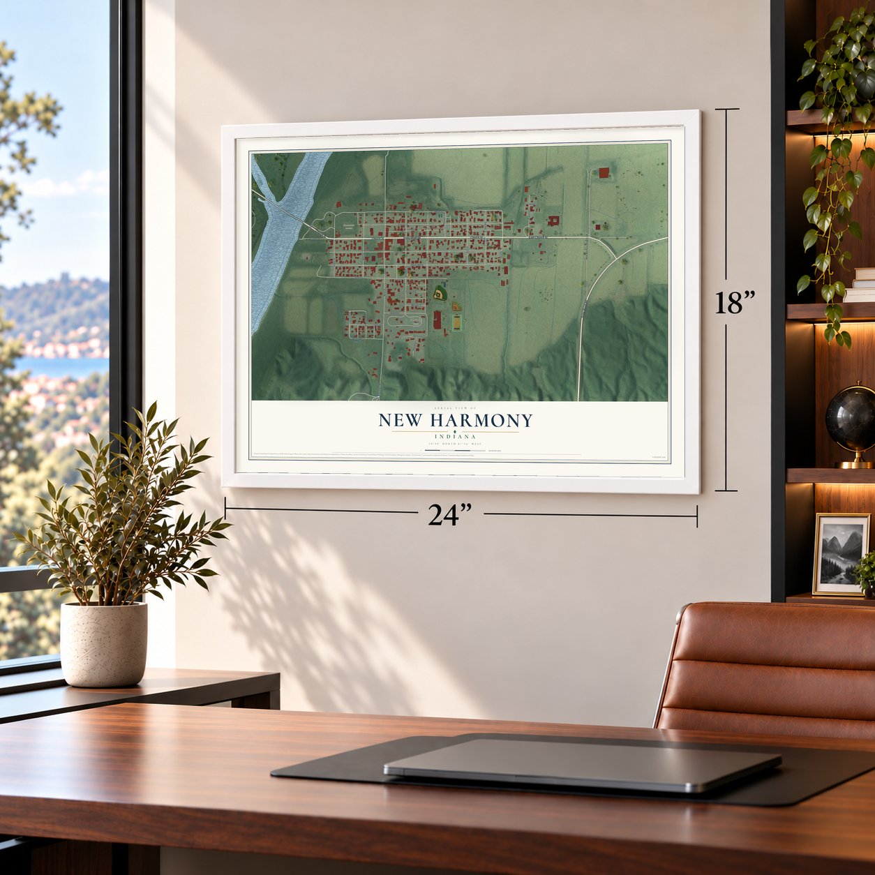 New Harmony, Indiana map, 18 x 24 inch print in a white frame in a home office