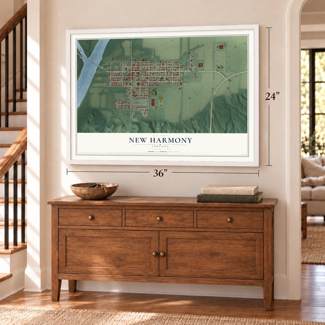 New Harmony, Indiana map, 24 x 36 inch print in a white frame above a dresser by a staircase