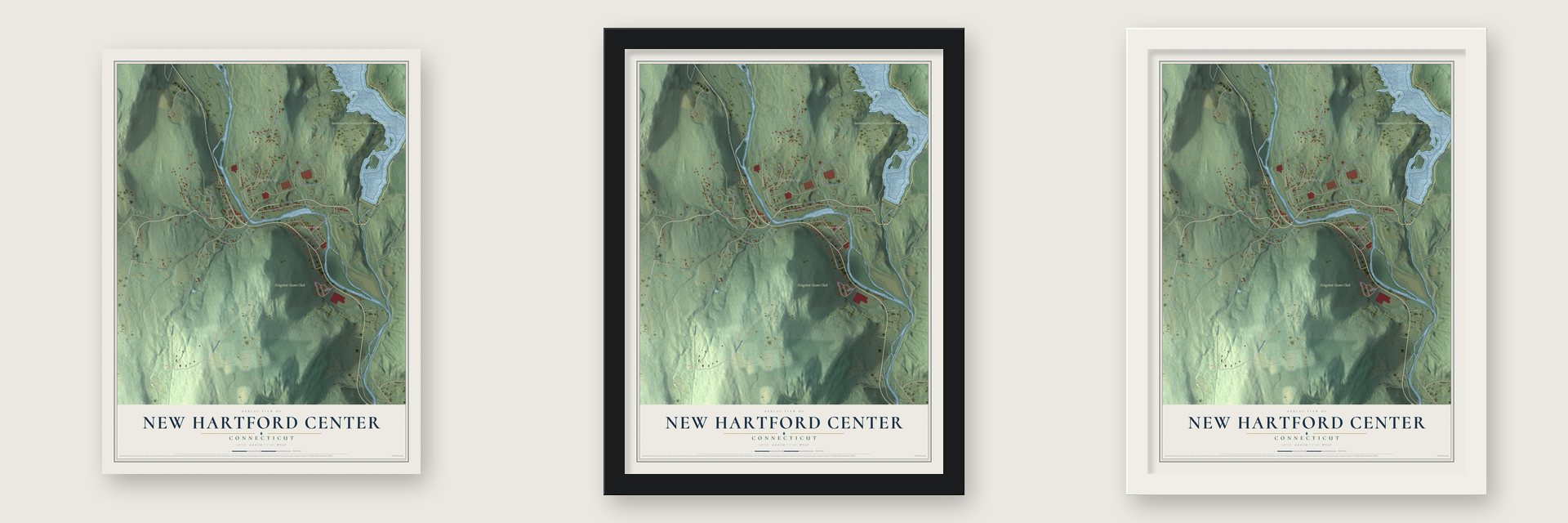 New Hartford Center, Connecticut map unframed, in a black wood frame and in a white wood frame