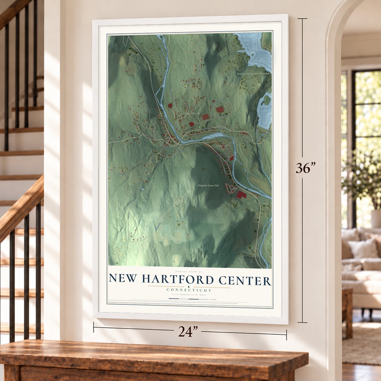 New Hartford Center, Connecticut map, 24 x 36 inch print in a white frame by a staircase