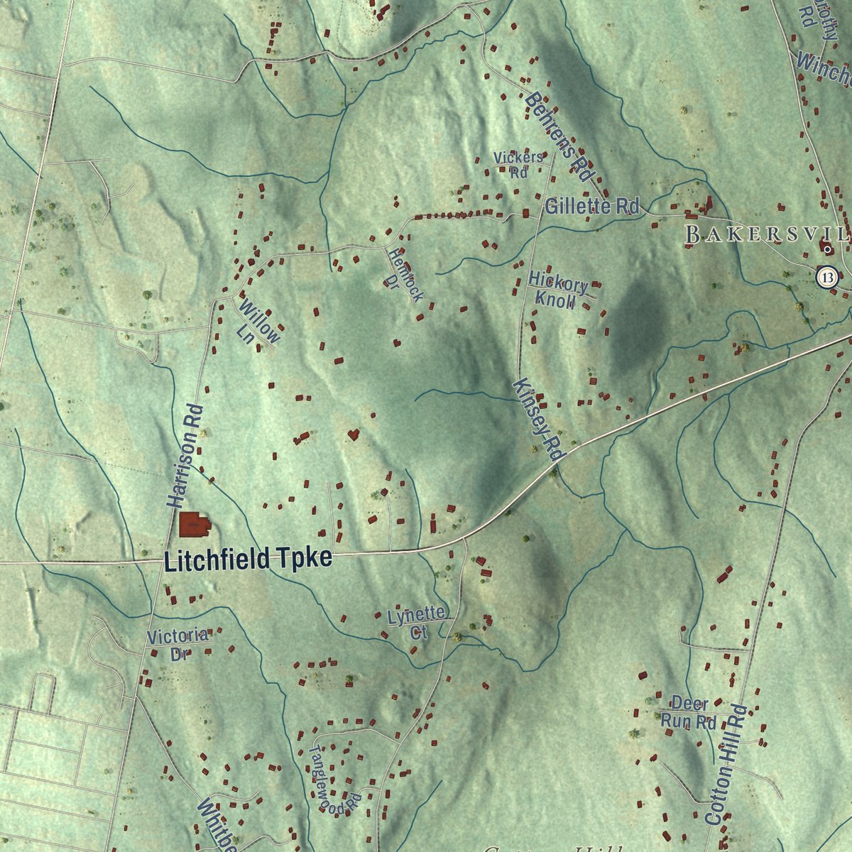 Second close-up of the map of New Hartford, Connecticut print showing more streets and buildings