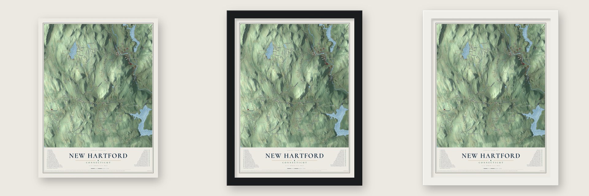 New Hartford, Connecticut map unframed, in a black wood frame and in a white wood frame