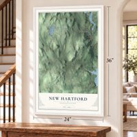 New Hartford, Connecticut map, 24 x 36 inch print in a white frame by a staircase