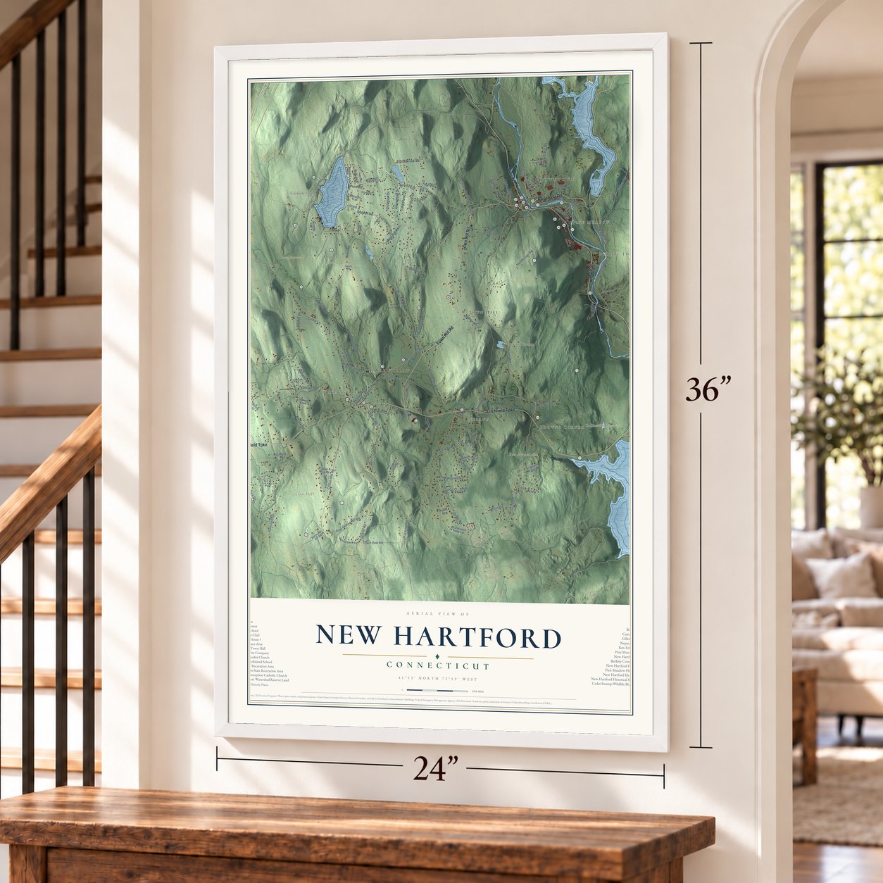 New Hartford, Connecticut map, 24 x 36 inch print in a white frame by a staircase