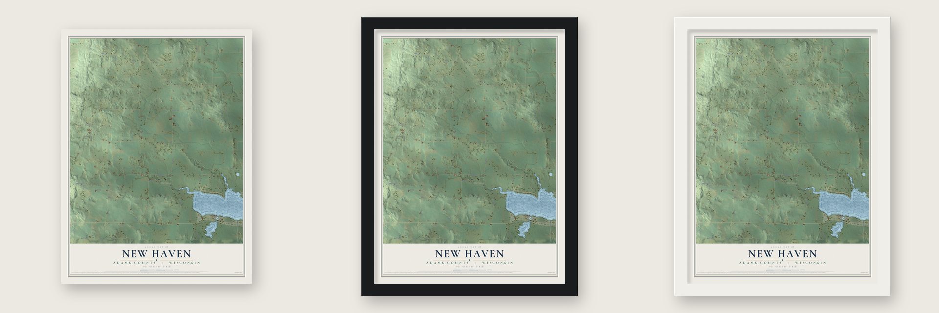 New Haven, Adams County, Wisconsin map unframed, in a black wood frame and in a white wood frame