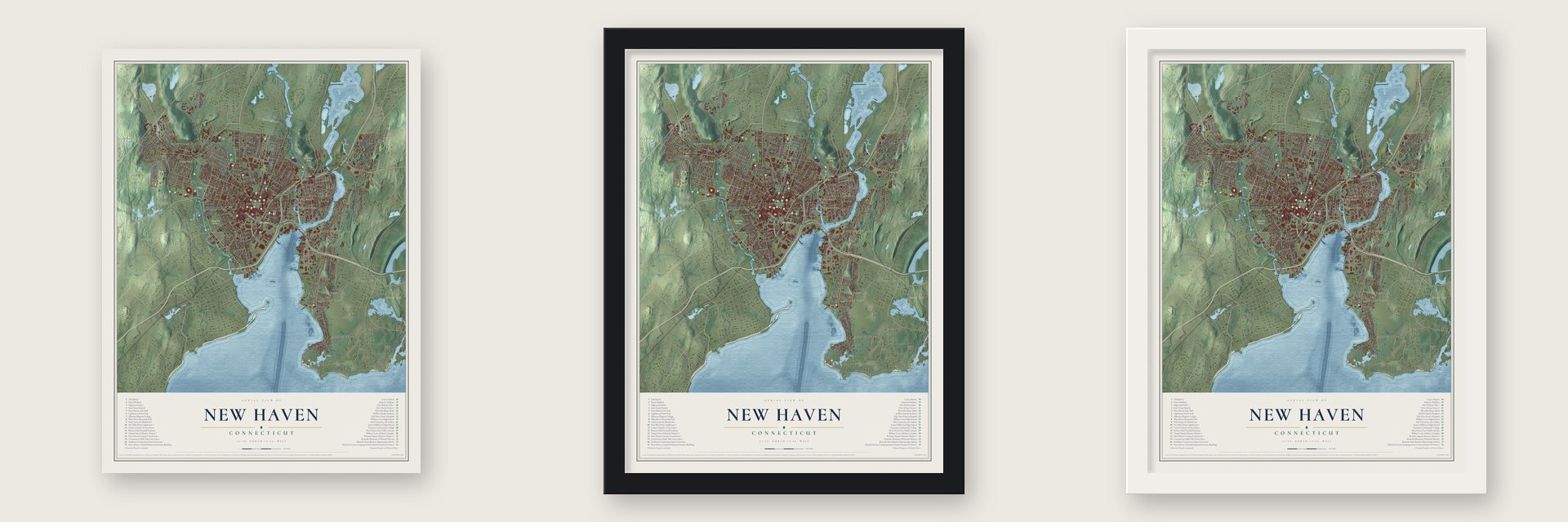 New Haven, Connecticut map unframed, in a black wood frame and in a white wood frame