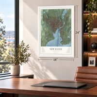New Haven, Connecticut map, 18 x 24 inch print in a white frame in a home office