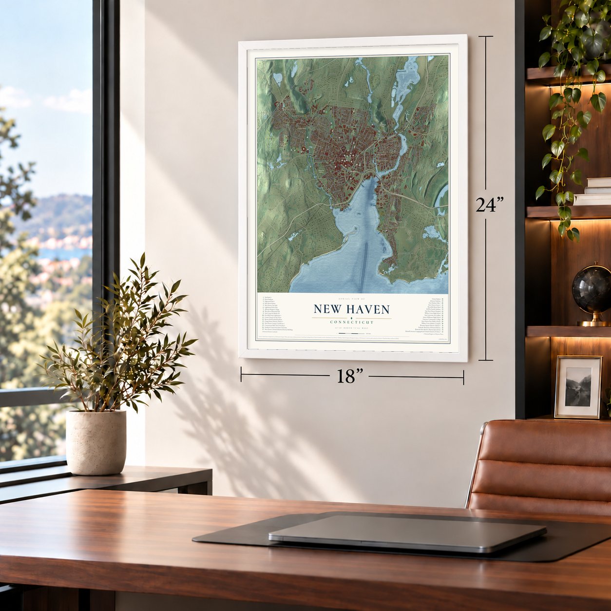 New Haven, Connecticut map, 18 x 24 inch print in a white frame in a home office