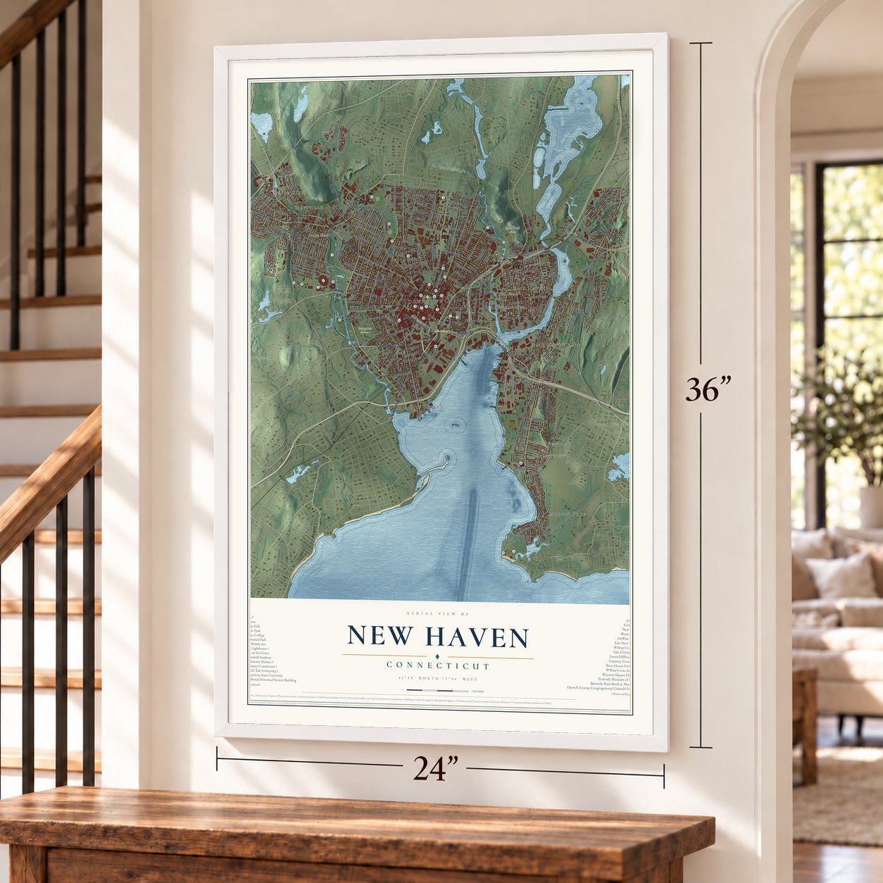 New Haven, Connecticut map, 24 x 36 inch print in a white frame by a staircase