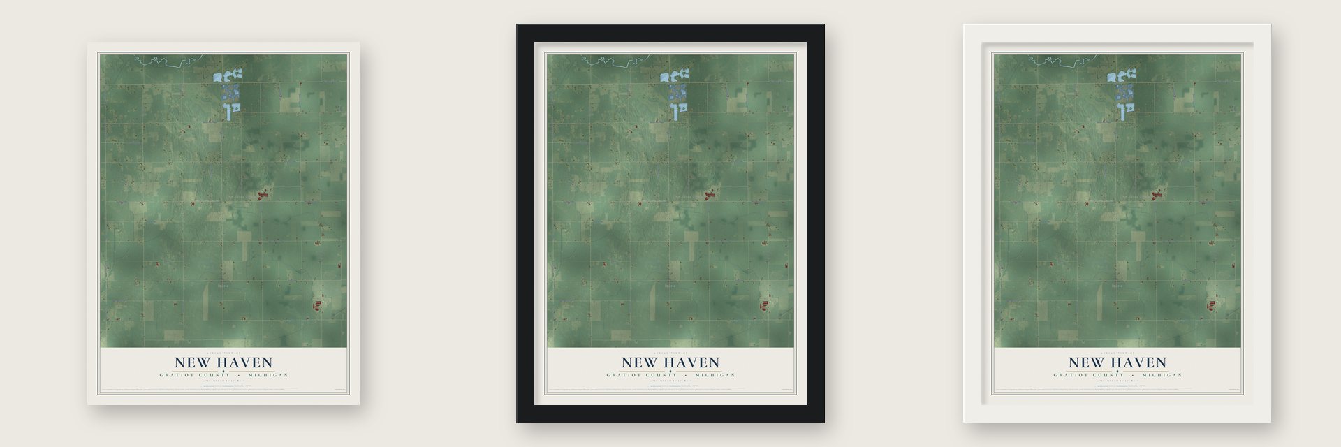 New Haven, Gratiot County, Michigan map unframed, in a black wood frame and in a white wood frame