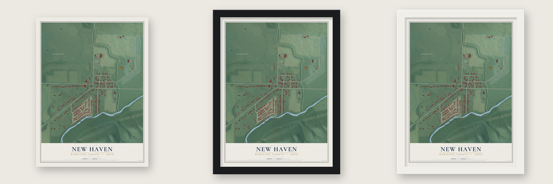 New Haven, Hamilton County, Ohio map unframed, in a black wood frame and in a white wood frame