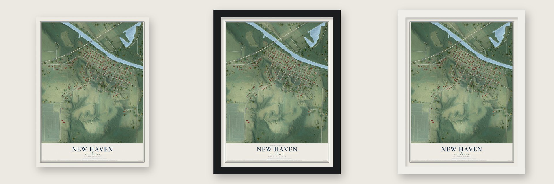 New Haven, Illinois map unframed, in a black wood frame and in a white wood frame