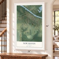 New Haven, Illinois map, 24 x 36 inch print in a white frame by a staircase