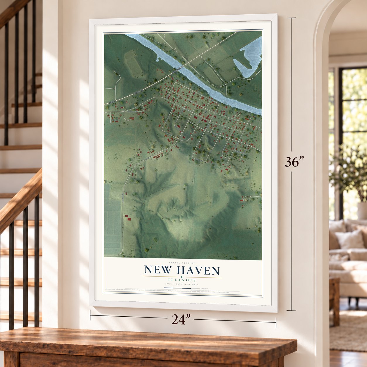 New Haven, Illinois map, 24 x 36 inch print in a white frame by a staircase