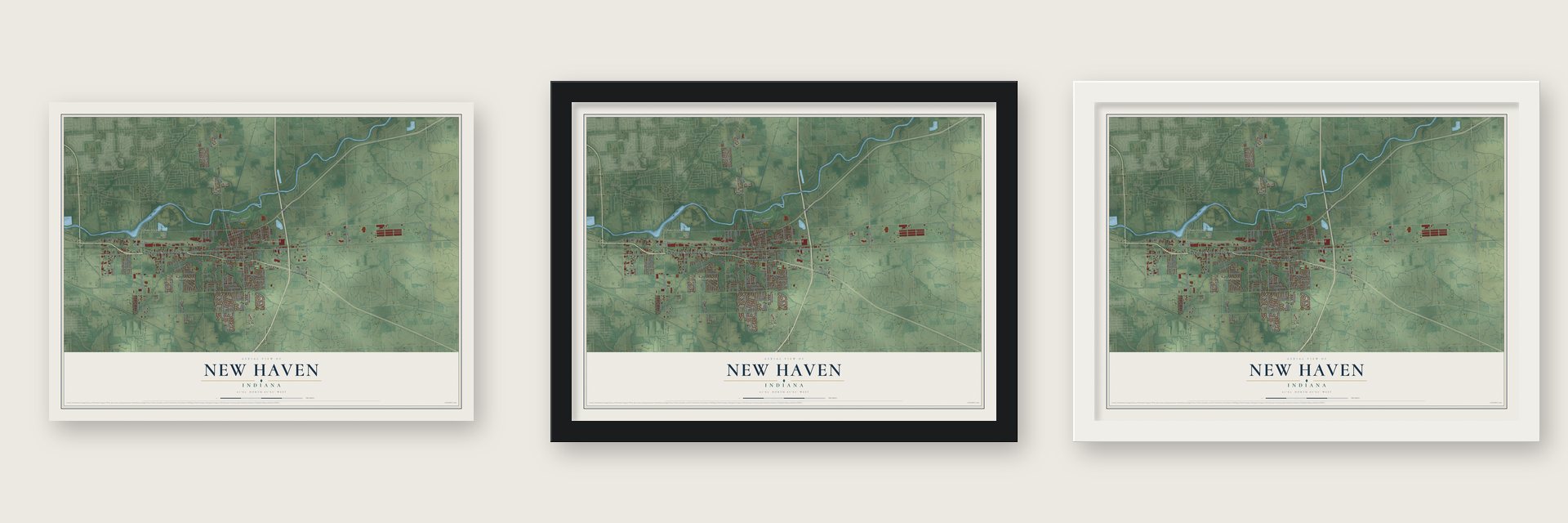 New Haven, Indiana map unframed, in a black wood frame and in a white wood frame