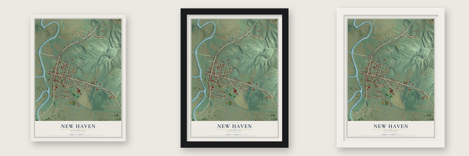 New Haven, Kentucky map unframed, in a black wood frame and in a white wood frame