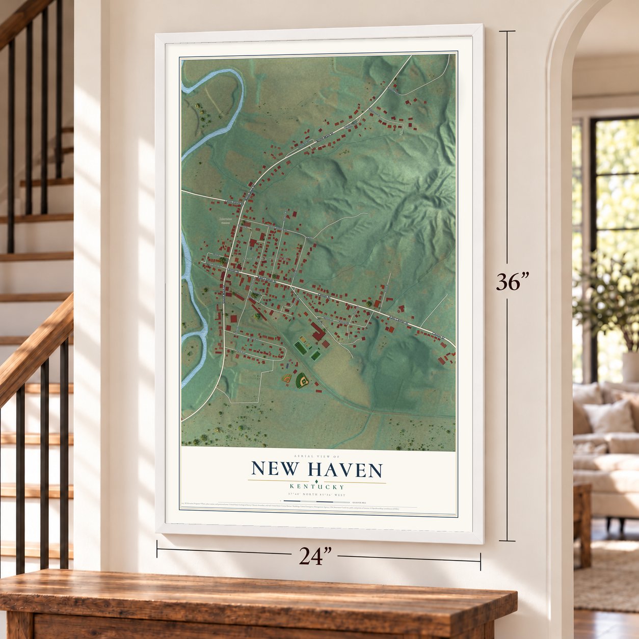 New Haven, Kentucky map, 24 x 36 inch print in a white frame by a staircase
