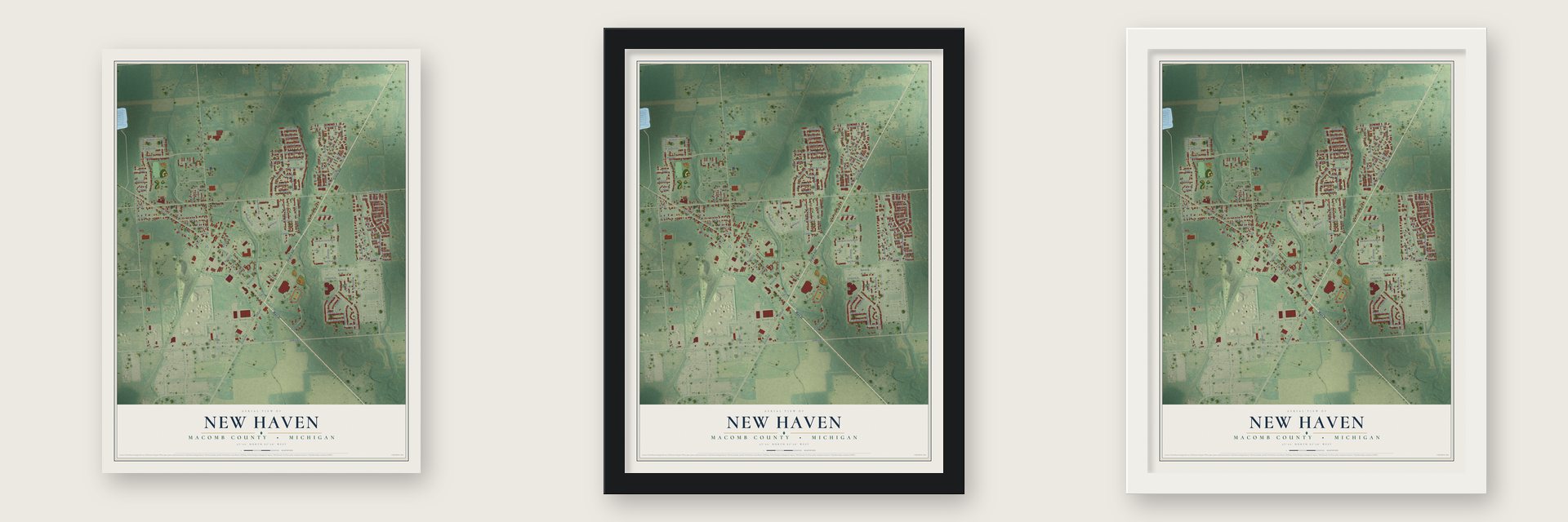 New Haven, Macomb County, Michigan map unframed, in a black wood frame and in a white wood frame