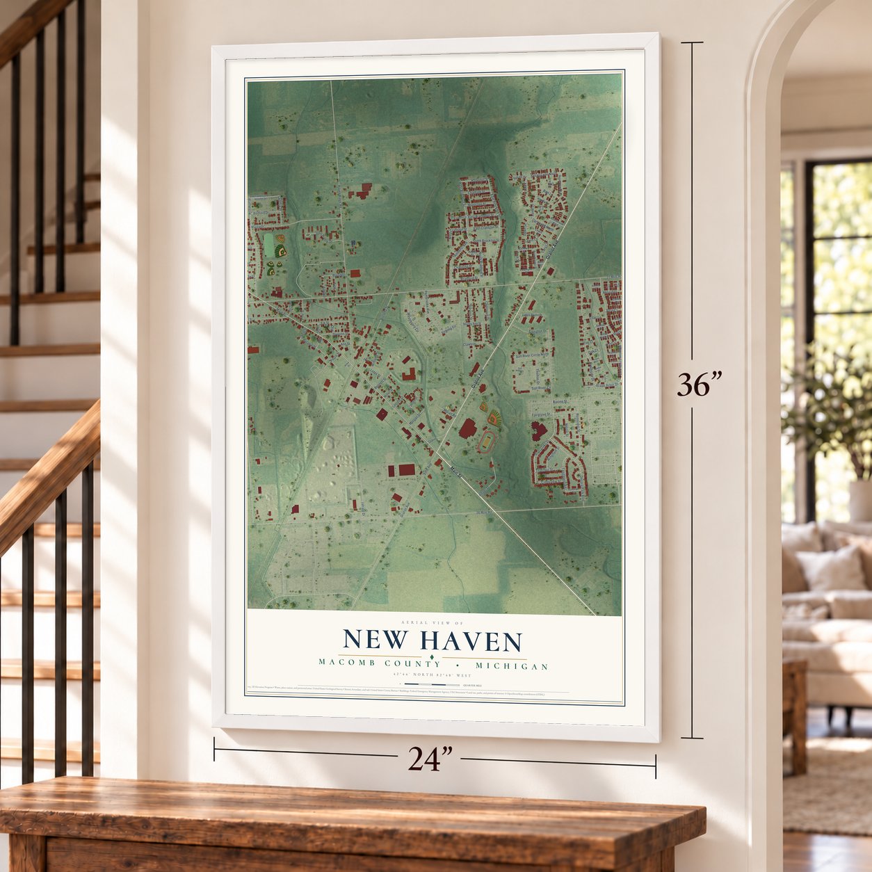 New Haven, Macomb County, Michigan map, 24 x 36 inch print in a white frame by a staircase