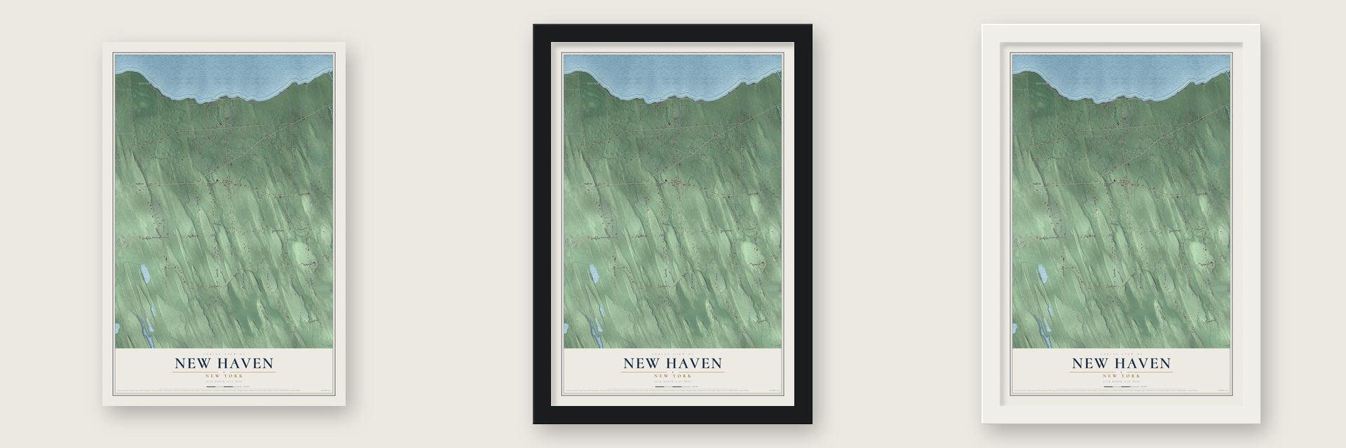 New Haven, New York map unframed, in a black wood frame and in a white wood frame