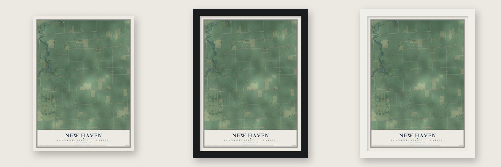 New Haven, Shiawassee County, Michigan map unframed, in a black wood frame and in a white wood frame
