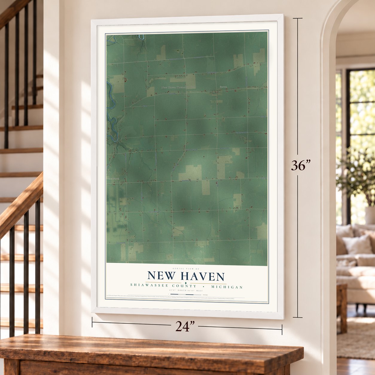 New Haven, Shiawassee County, Michigan map, 24 x 36 inch print in a white frame by a staircase