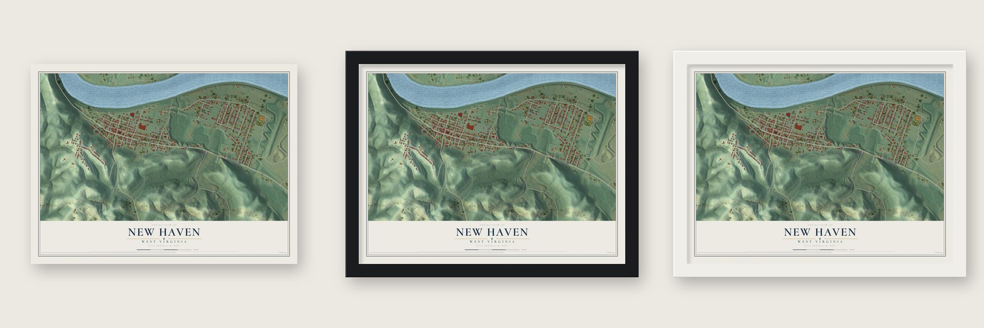 New Haven, West Virginia map unframed, in a black wood frame and in a white wood frame