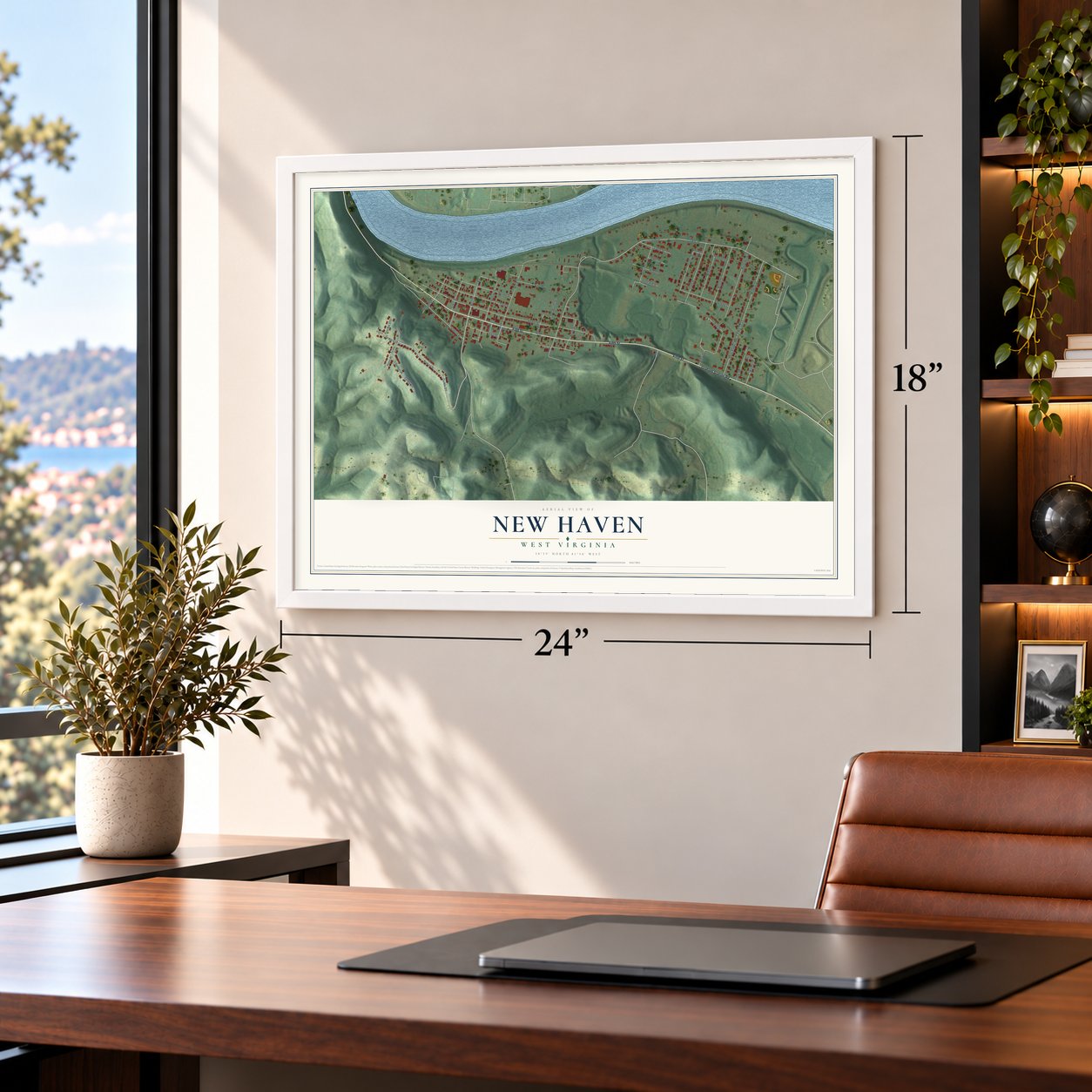 New Haven, West Virginia map, 18 x 24 inch print in a white frame in a home office