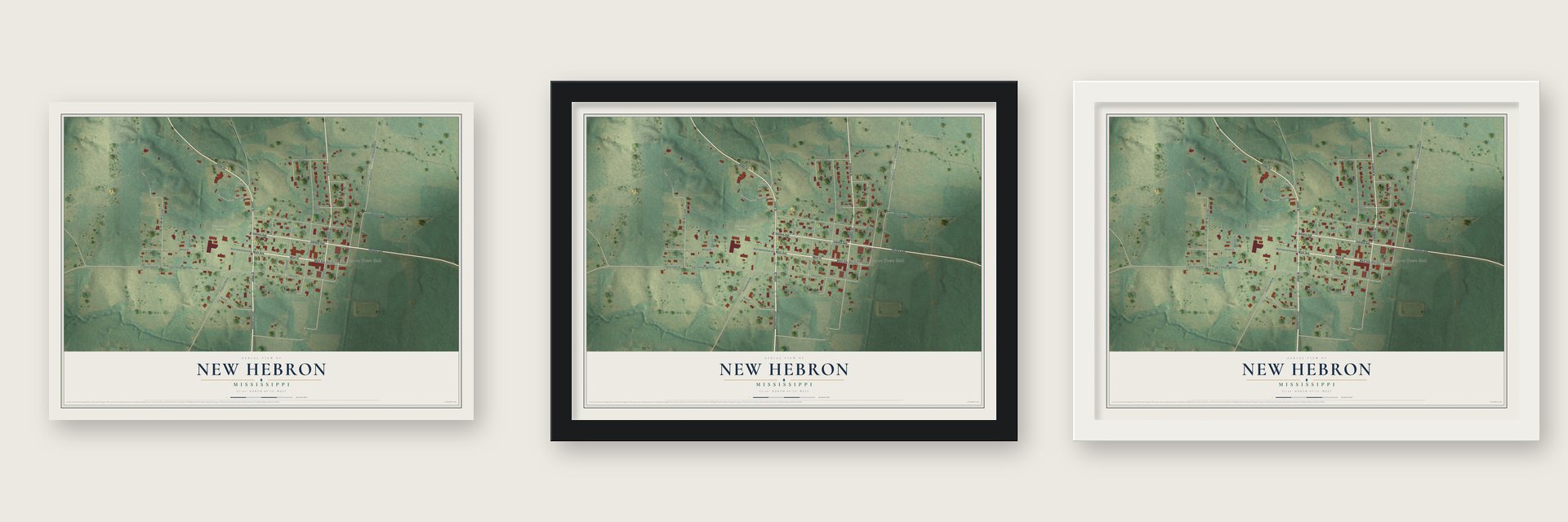 New Hebron, Mississippi map unframed, in a black wood frame and in a white wood frame