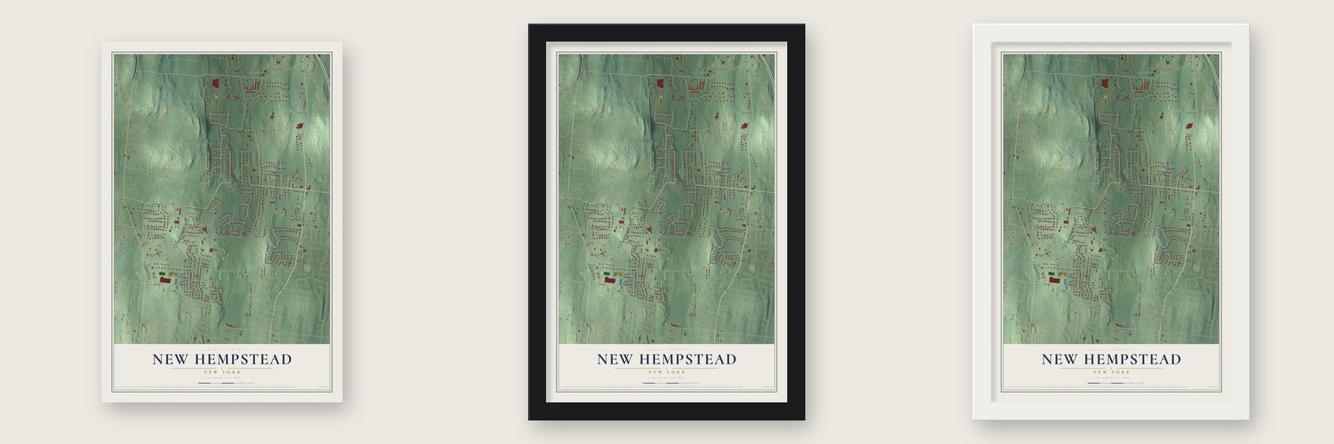 New Hempstead, New York map unframed, in a black wood frame and in a white wood frame