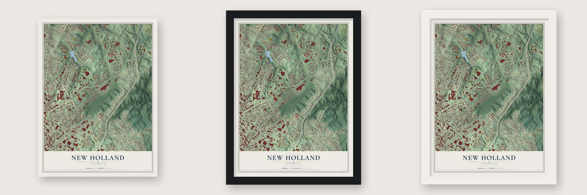 New Holland, Georgia map unframed, in a black wood frame and in a white wood frame