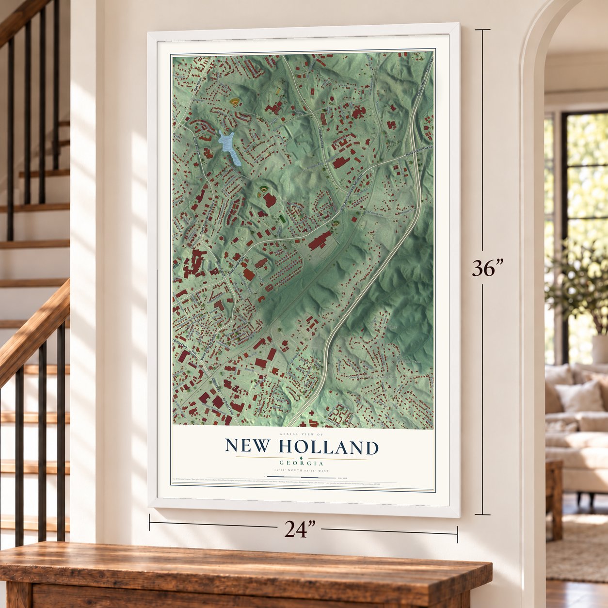 New Holland, Georgia map, 24 x 36 inch print in a white frame by a staircase