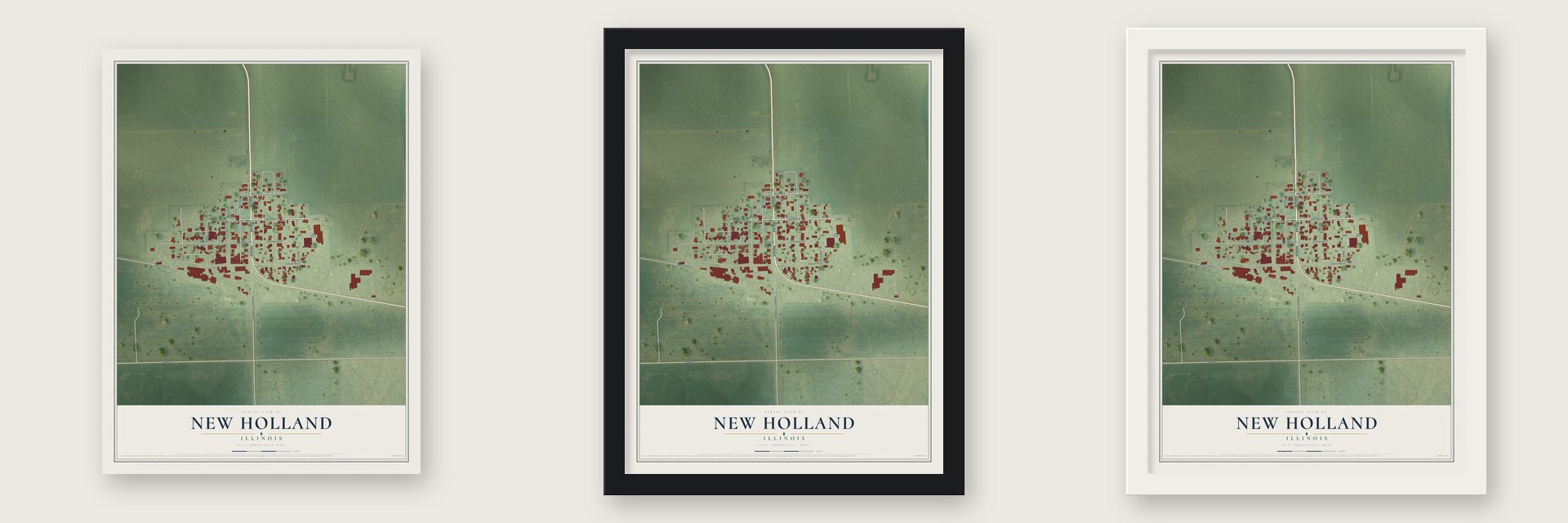 New Holland, Illinois map unframed, in a black wood frame and in a white wood frame