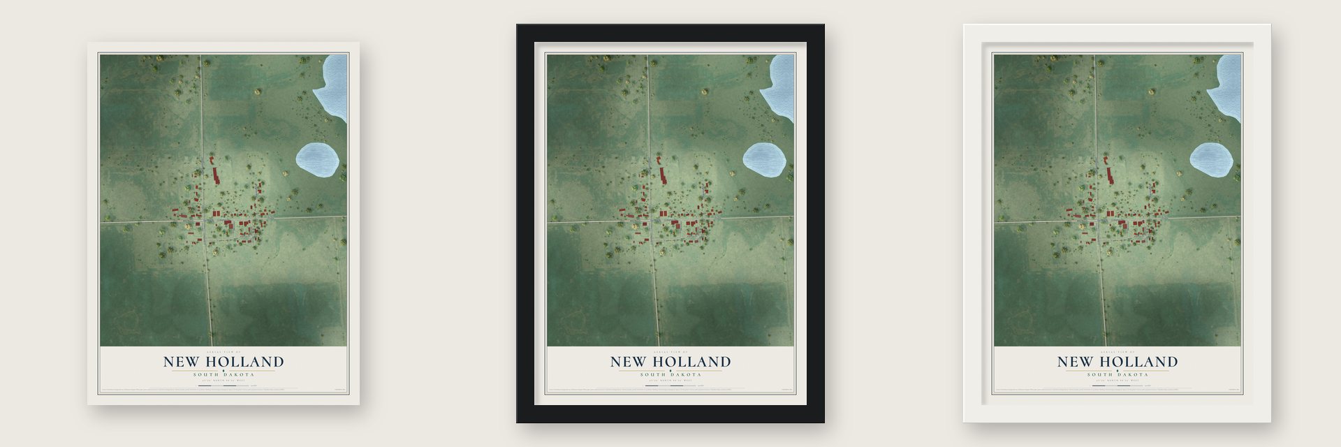 New Holland, South Dakota map unframed, in a black wood frame and in a white wood frame