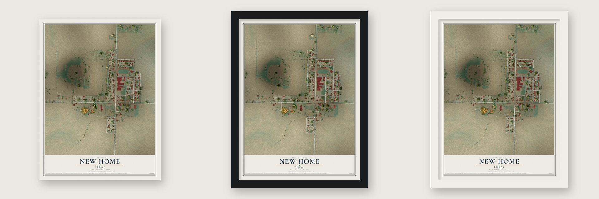 New Home, Texas map unframed, in a black wood frame and in a white wood frame