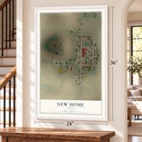 New Home, Texas map, 24 x 36 inch print in a white frame by a staircase