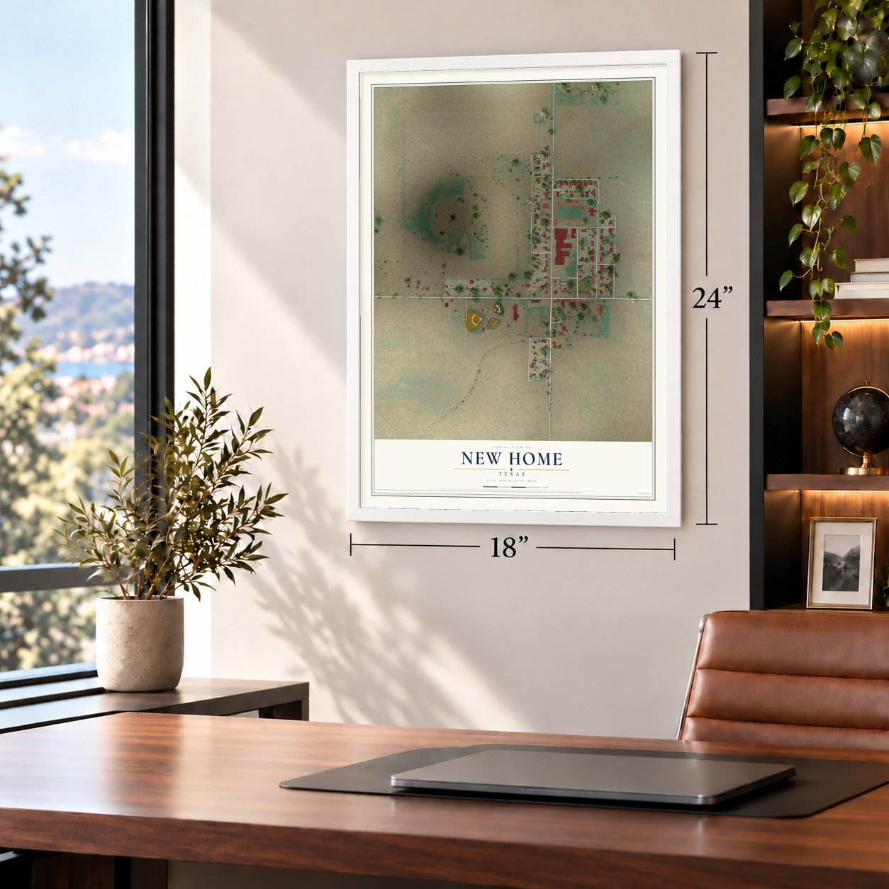 New Home, Texas map, 18 x 24 inch print in a white frame in a home office
