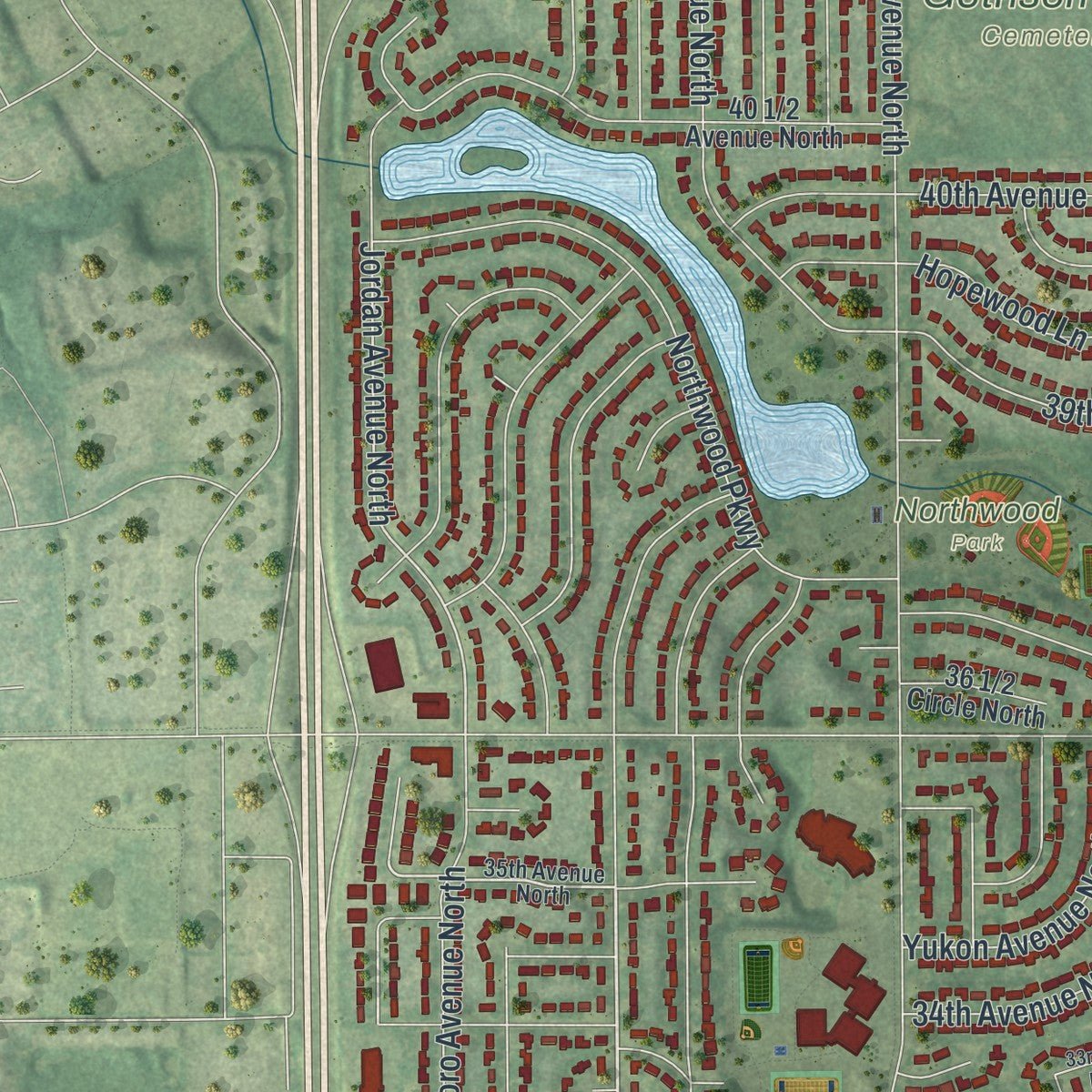 Second close-up of the map of New Hope, Minnesota print showing more streets and buildings