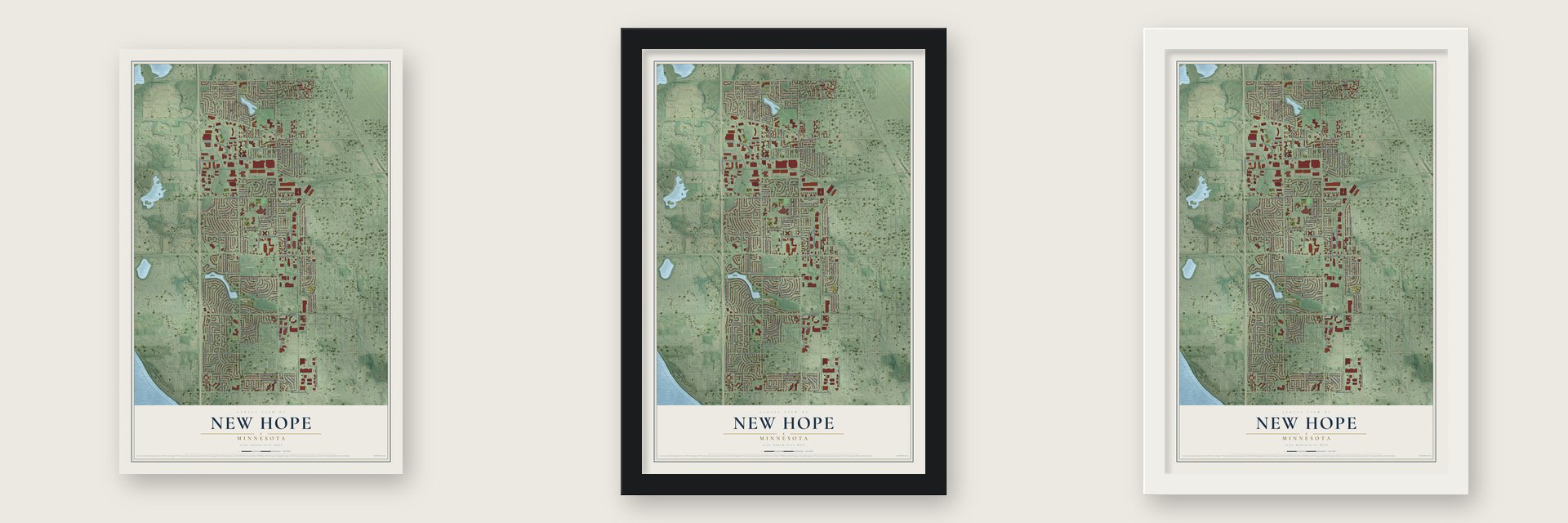 New Hope, Minnesota map unframed, in a black wood frame and in a white wood frame