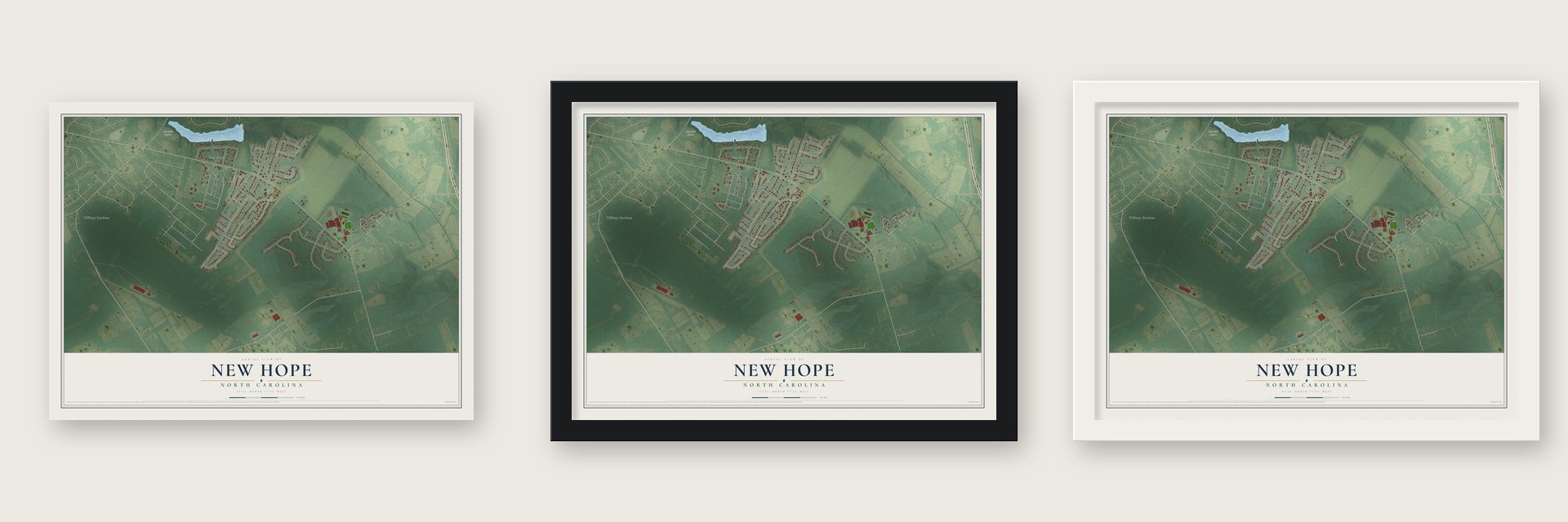 New Hope, North Carolina map unframed, in a black wood frame and in a white wood frame