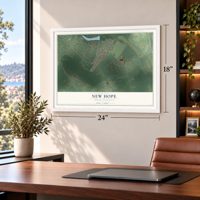 New Hope, North Carolina map, 18 x 24 inch print in a white frame in a home office