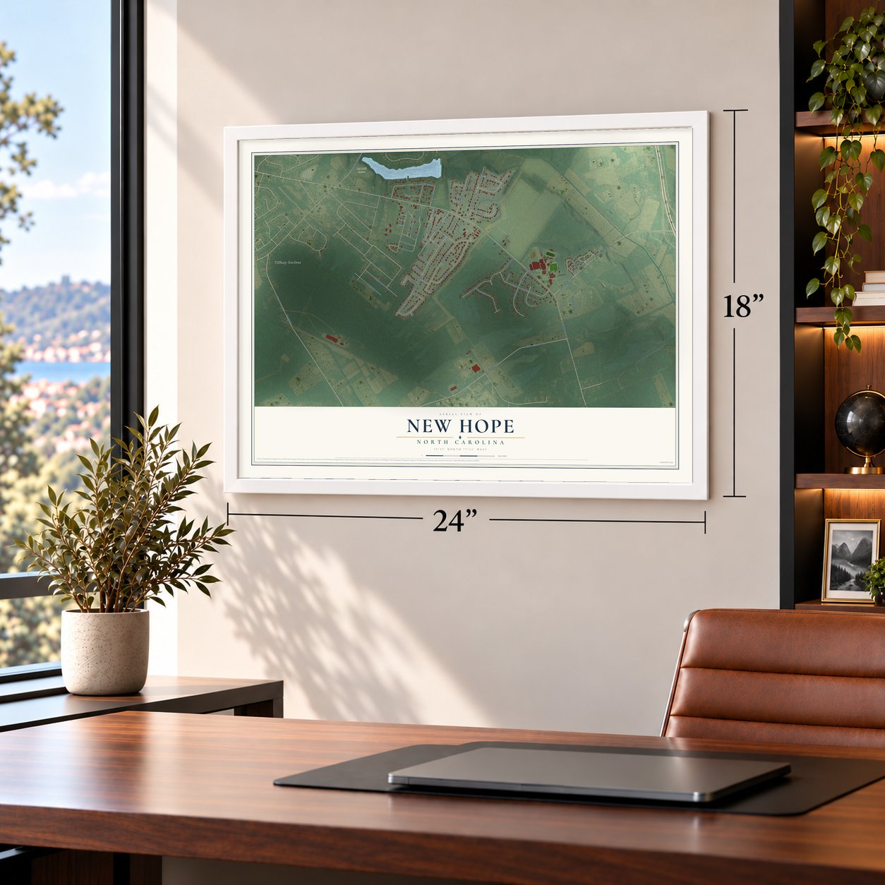 New Hope, North Carolina map, 18 x 24 inch print in a white frame in a home office