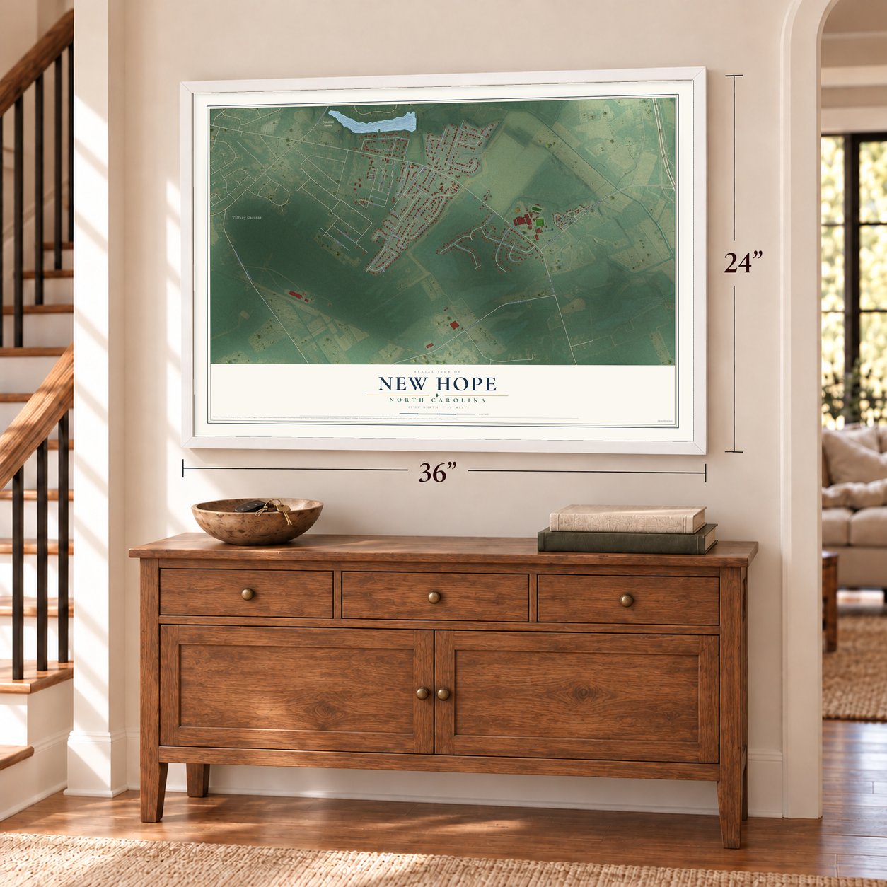 New Hope, North Carolina map, 24 x 36 inch print in a white frame above a dresser by a staircase