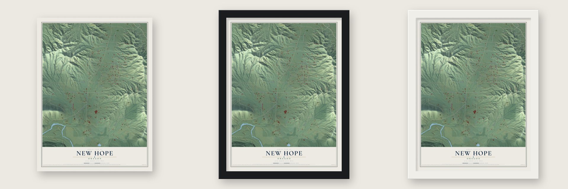 New Hope, Oregon map unframed, in a black wood frame and in a white wood frame
