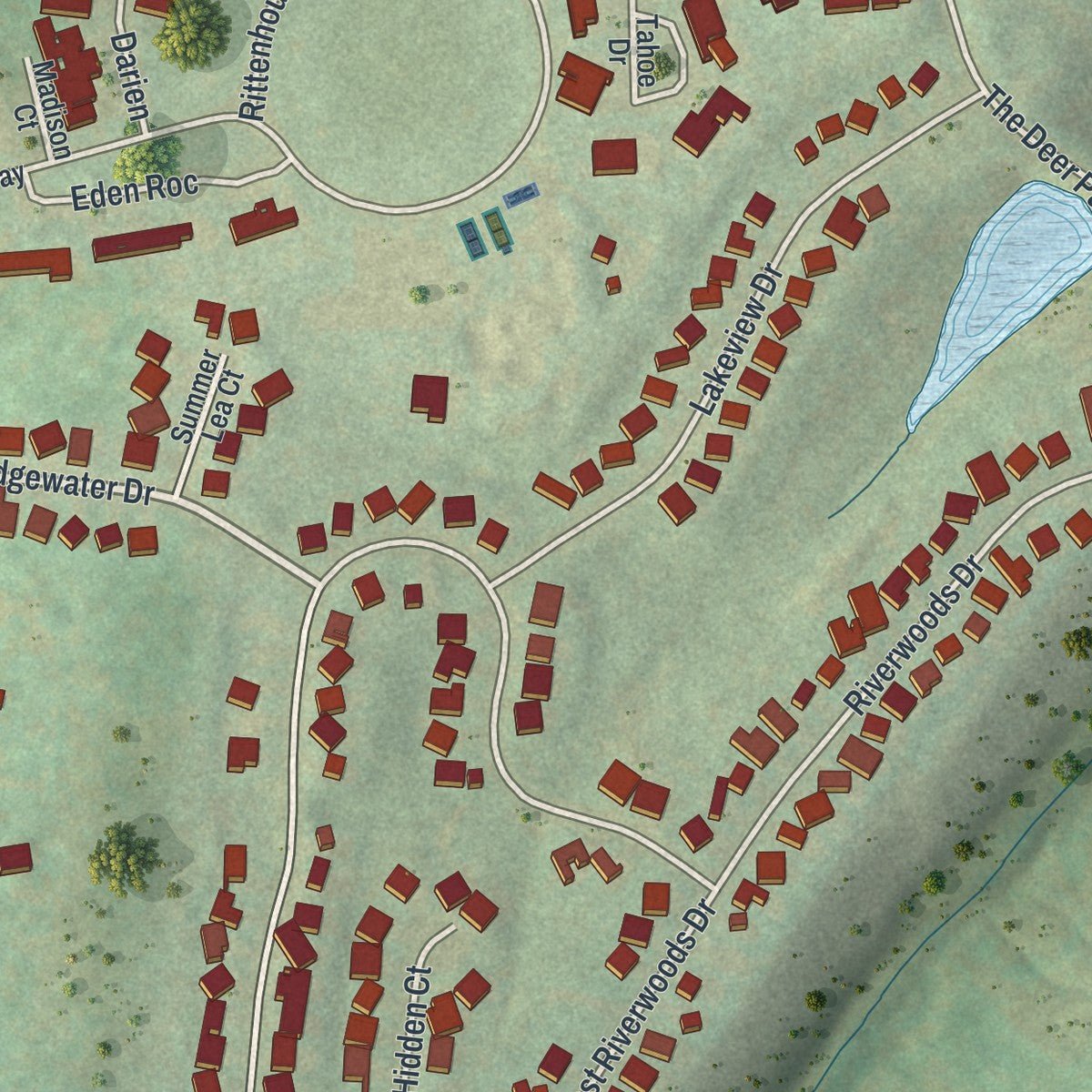 Second close-up of the map of New Hope, Pennsylvania print showing more streets and buildings